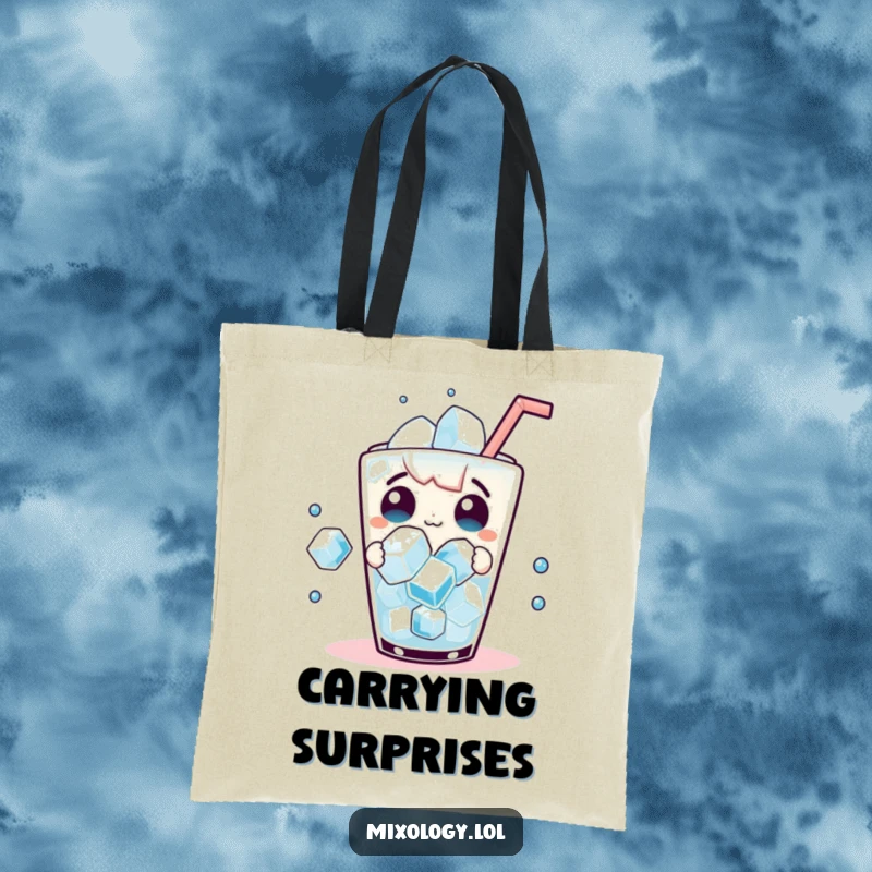 Funny Tote Bag: Surprised character watching ice cubes dance in a drink, perfect for carrying daily items.
