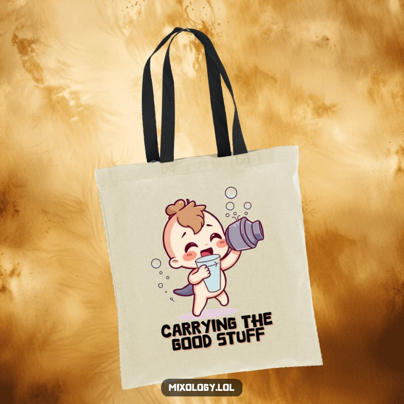 Funny Tote Bag: A cute character excitedly shaking a cocktail shaker, creating frothy bubbles, a humorous and practical bag.