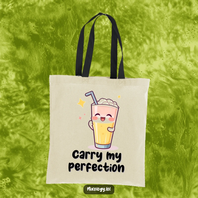 Funny tote bag showing a gleeful character receiving applause for a perfectly executed drink pour, great for groceries or gym gear.