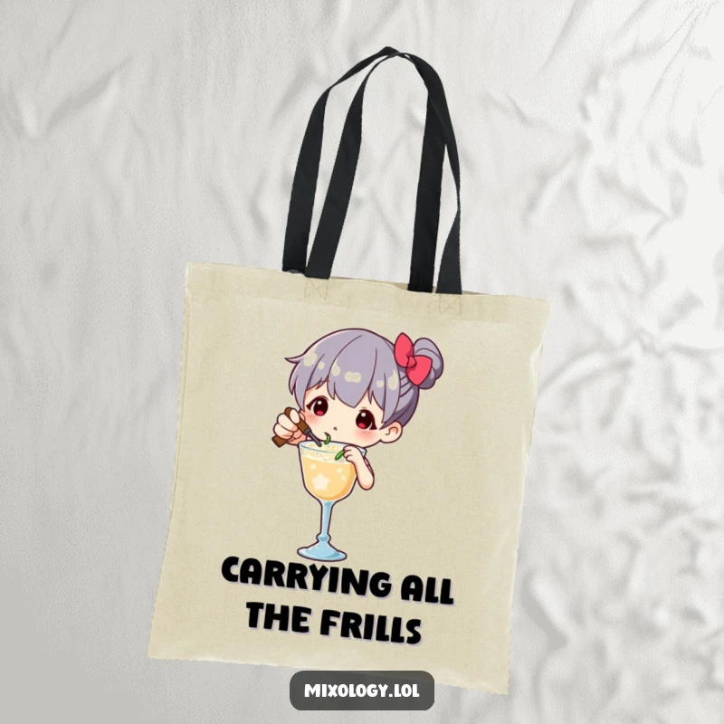 Funny Tote Bag featuring a character expertly garnishing a drink with tiny, precise movements, adding a humorous touch.