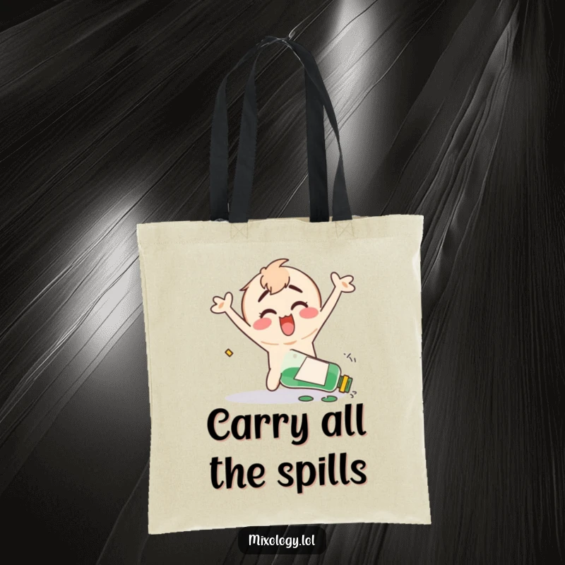 Funny tote bag showing a clumsy character with arms happily flailing after knocking over a bottle, symbolizing joyful mishaps.