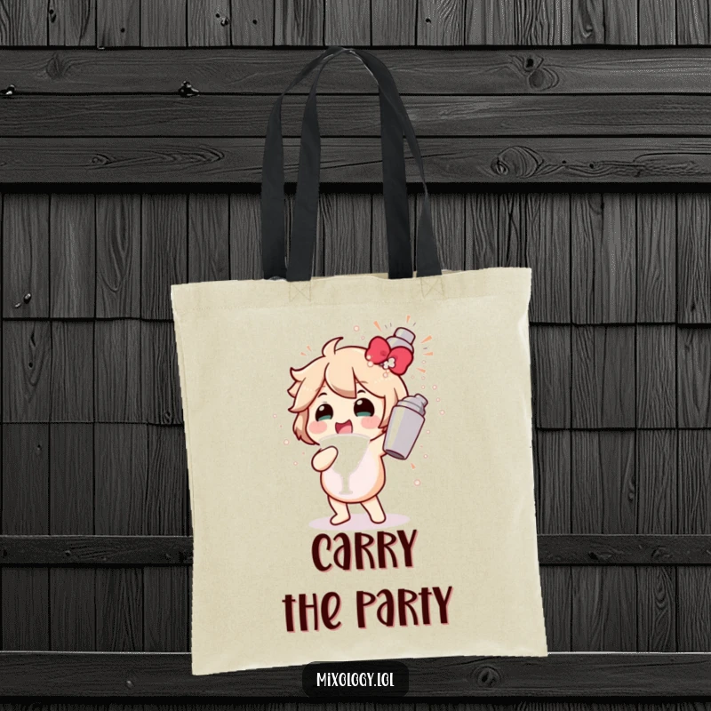 Funny tote bag featuring a character gleefully shaking a cocktail shaker, with a bubbly explosion, symbolizing party readiness.