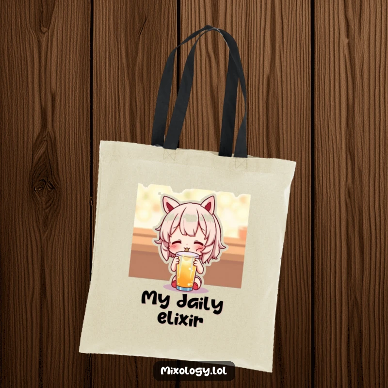 Funny tote bag with a cute character savoring a drink with pure delight, perfect for carrying essentials with joy.
