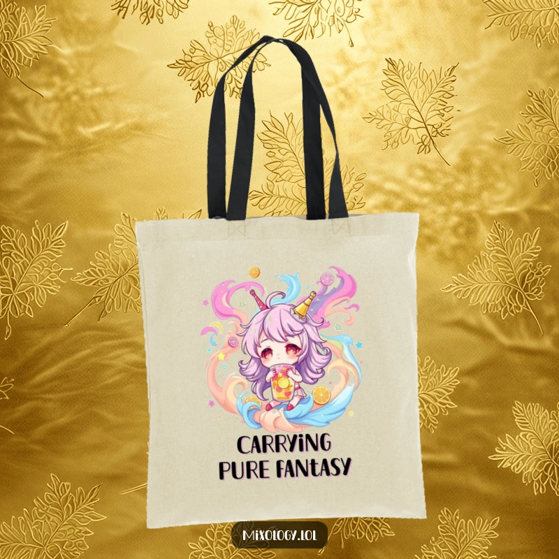 Funny Tote Bag: Character dreaming of fantastical drinks in a colorful swirl, perfect for carrying dreams and essentials, a great funny gift.