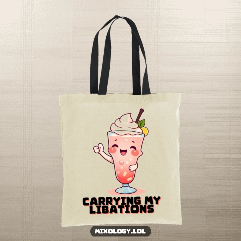 Funny tote bag with a character playfully garnishing a drink, perfect for carrying essentials with style.