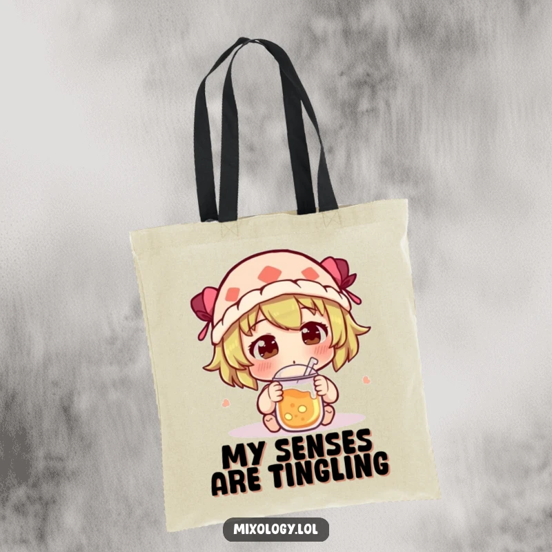 Funny Tote Bag with a character curiously sniffing a new concoction, expressing intrigue and a sense of discovery.