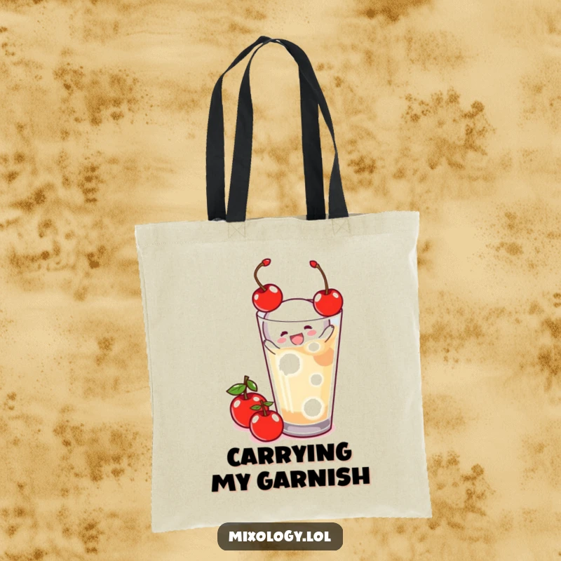 Funny Tote Bag with a tiny figure joyfully placing a cherry on a drink, highlighting skill and happiness in a portable design.