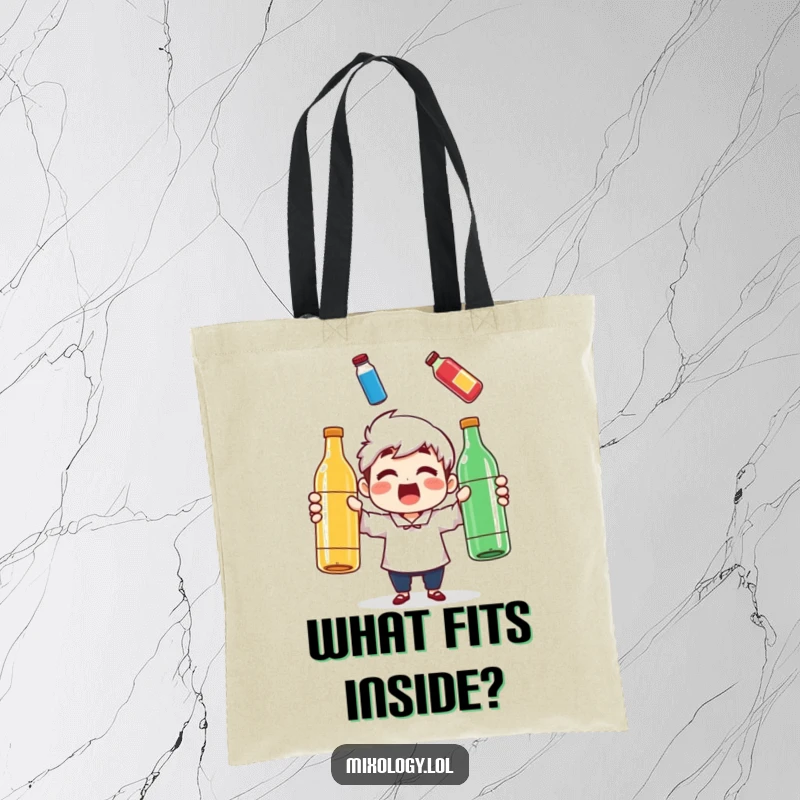 Funny tote bag showing a character with a surprised expression, juggling three colorful bottles, great for a funny gift.