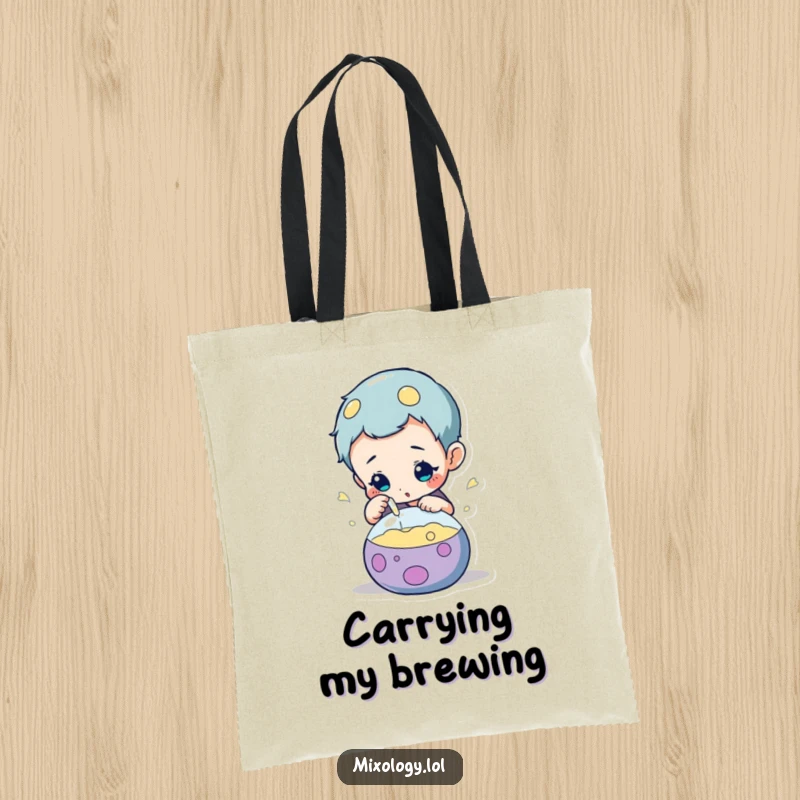 Funny tote bag with a curious character examining a vibrant, bubbling concoction, ideal for carrying books and discoveries.