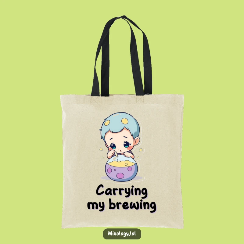 Funny Potion Tote Bag: Curious character inspecting concoction, practical science gift.