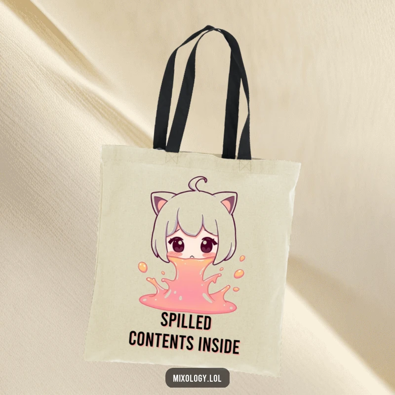 Funny Spill Tote Bag: A surprised character accidentally spills colorful liquid, perfect for carrying oops essentials.
