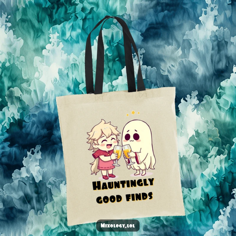 Funny character joyfully toasting a spectral friend with a tote bag, ideal for carrying groceries.