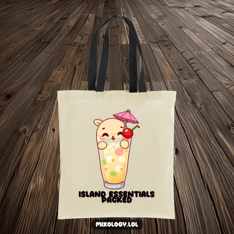 Funny tote bag with a curious character garnishing a drink with an umbrella and cherry, great for shopping or carrying items in style.