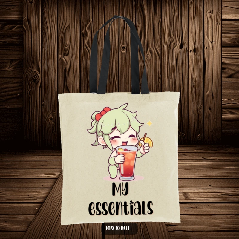 Funny tote bag illustration of an enthusiastic character adding a twist to a drink, perfect for carrying bar tools.