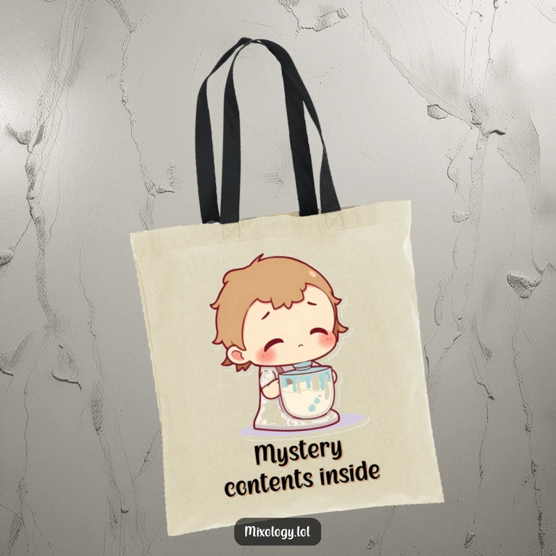 Funny tote bag showing a curious character intently looking at a vigorously bubbling mixer, capturing a moment of scientific intrigue.