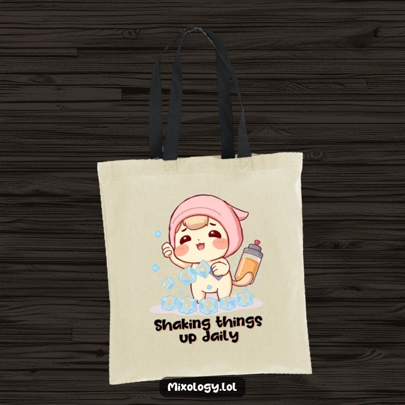 Funny Tote Bag: Playful character humorously tries to catch falling ice cubes with a shaker, great for shopping trips.